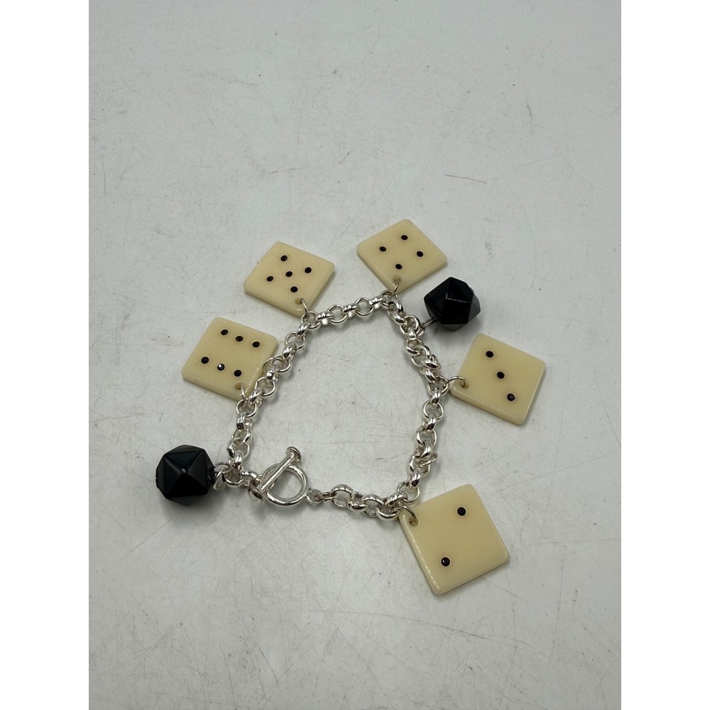 Vintage Domino Tile Charm Bracelet Silver Tone Toggle Clasp Black Faceted Beads